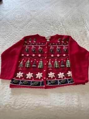 Vintage Carly St. Claire Red Holiday Embroidered Cardigan Sweater XL